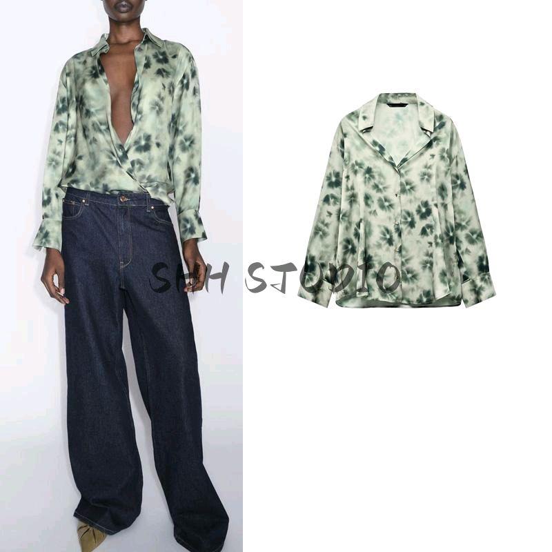 Spring New Women's Clothing Print Silk Satin Texture Long Sleeves Lapel Casual Shirt 2074114 2075114