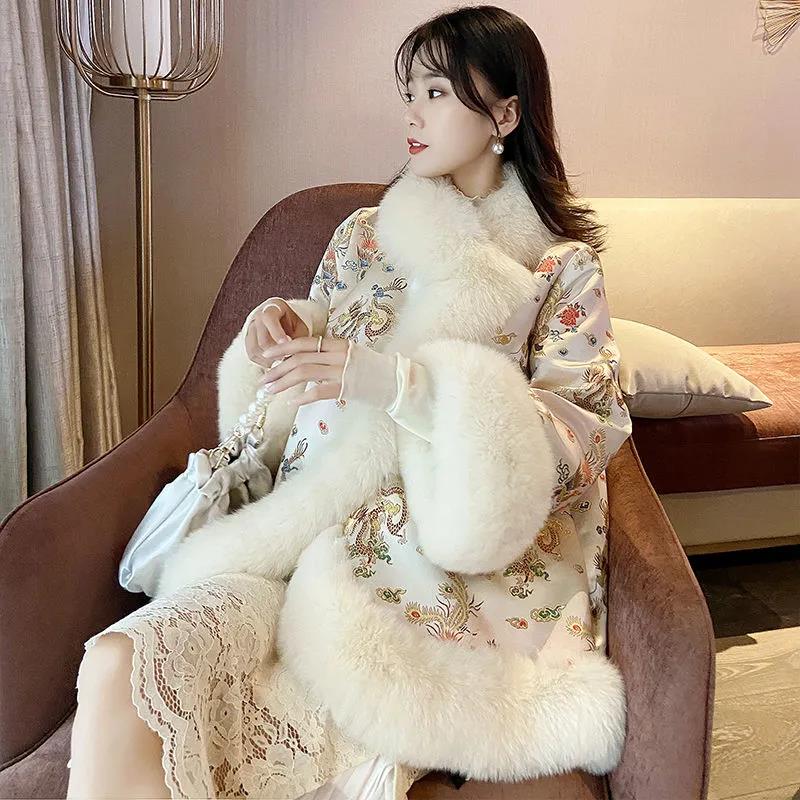 Châle Style Chinois Hivernel Fausse Fourrure Dragon Soie Phénix Image Cape Bouton Perle Chaud