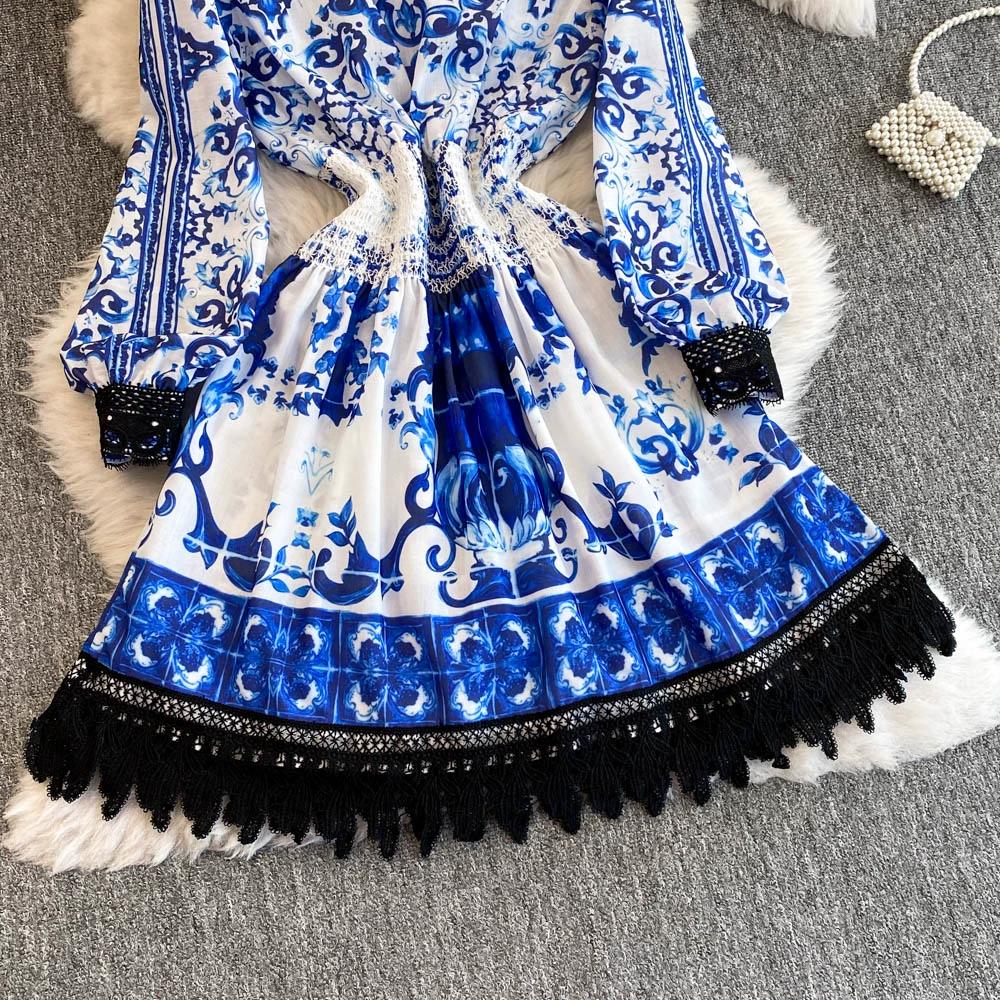 Jaro Podzim Dámské Vintage Tisk Šifon Krajka Patchwork Krátké Společenské Šaty