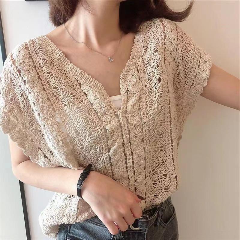 Korejská móda Háčkovaná vesta s dutým výstřihem do V Dámské Elegantní Volné Ležérní Pletený Cardigan Krátké topy Svetr Jednoduché oblečení bez rukávů 3410