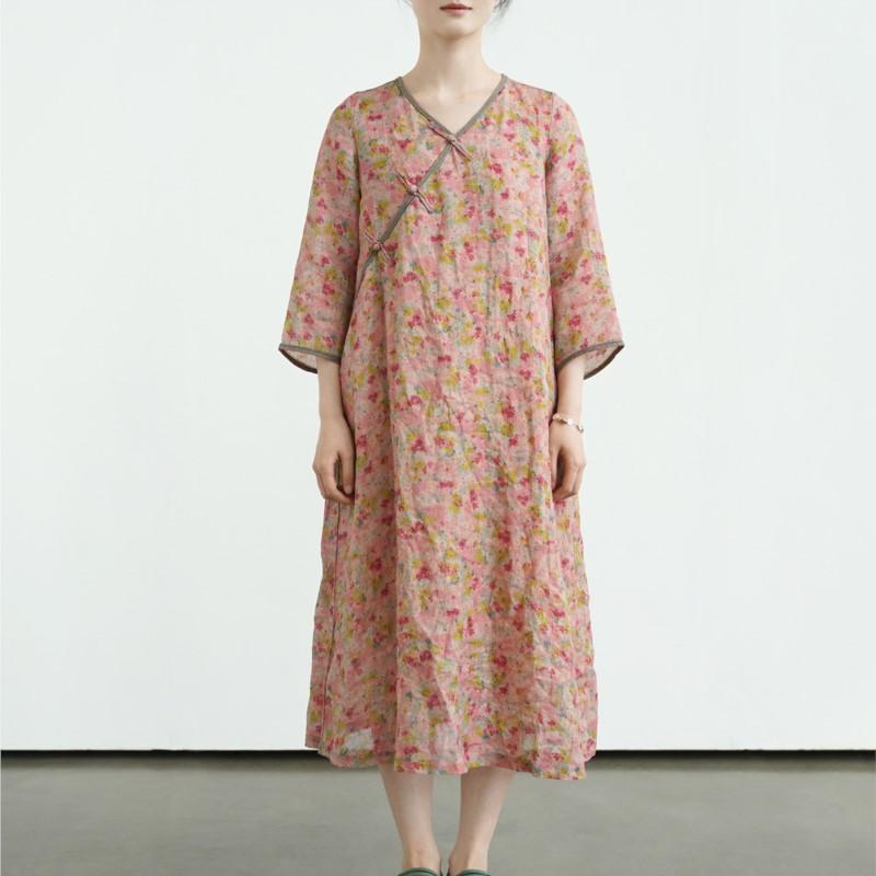 Johnature Women Vintage Dress V-Neck Print Floral Button Dresses Summer Chinese Style Female Dress