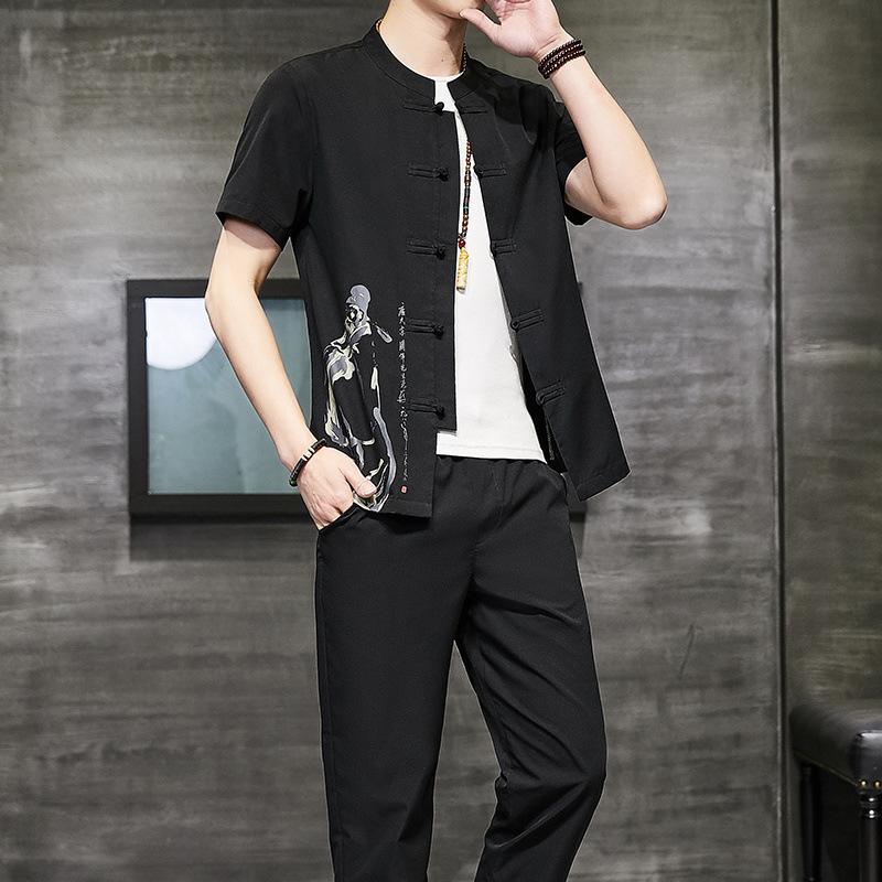 

Весна Лето Мужской Комплект с Китайским Принтом Рубашка с Коротким Рукавом Мужские Повседневные Рубашки Набор из Трех Предметов S чёрный