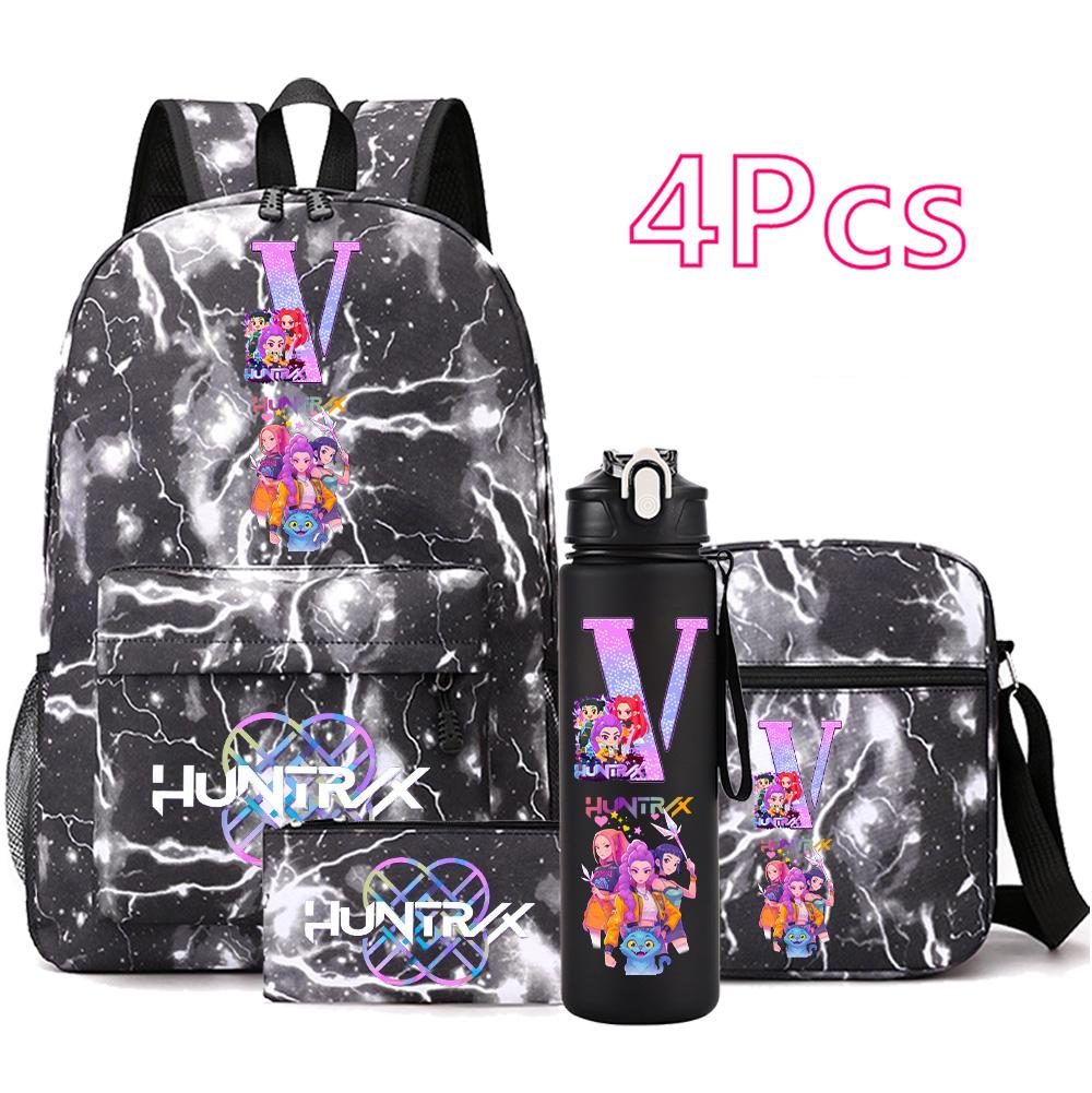 4 Stück/Set Cartoon Anime Aufdruck Rucksack Große Kapazität Schultasche Umhängetasche Tasche mit 750ml Wasserflaschenhalter Junge Mädchen Schultasche