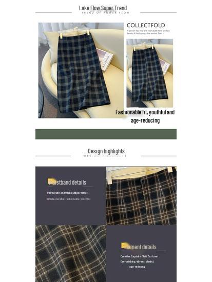 Women's Woolen Plaid High-Waisted A-Line Midi Skirt with Back Slit – 2025 Autumn/Winter Collection