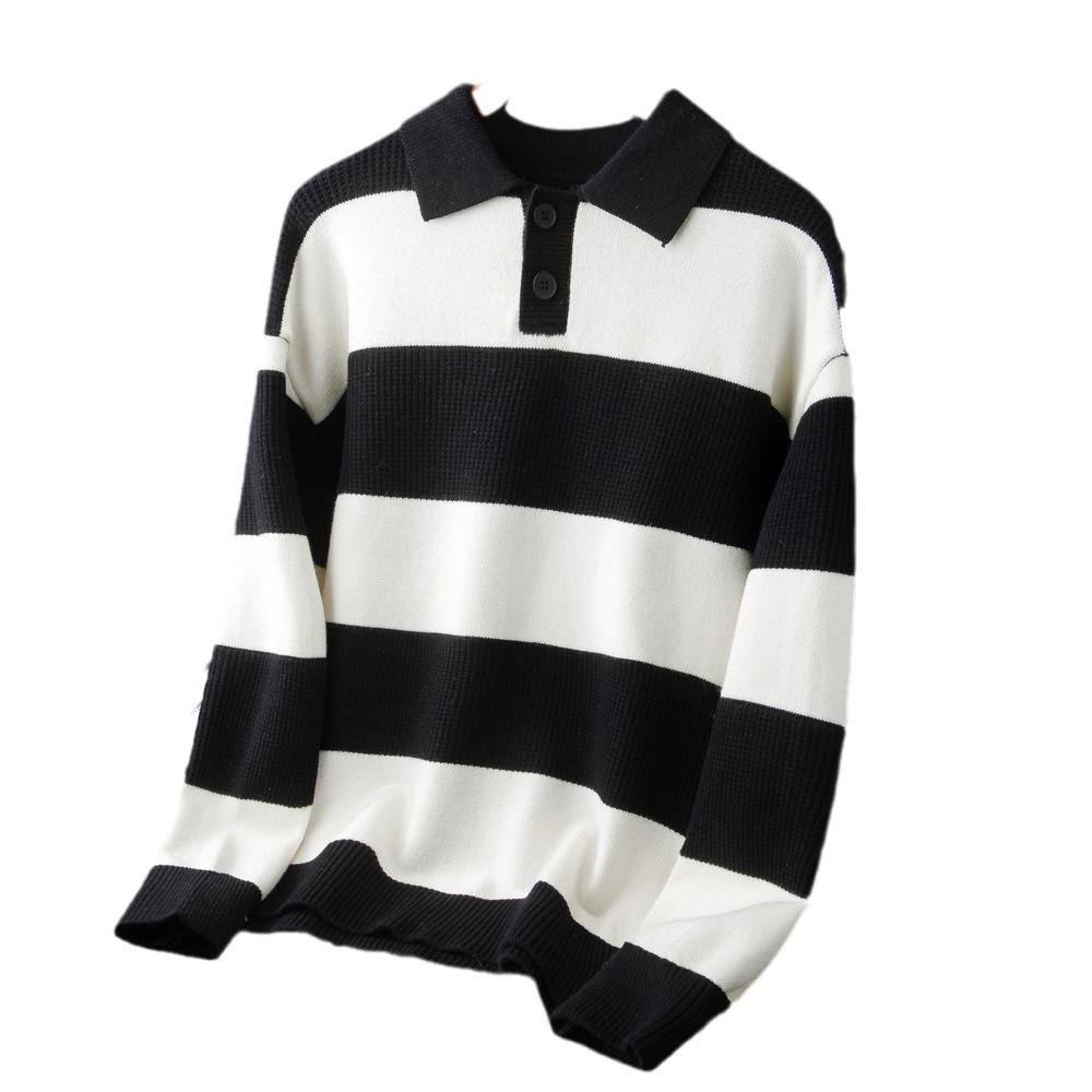 Podzimní A Zimní Pánské Pruhované Tričko s Dlouhým Rukávem Pohodlné Ležérní Klopa Módní Pánské Oblečení