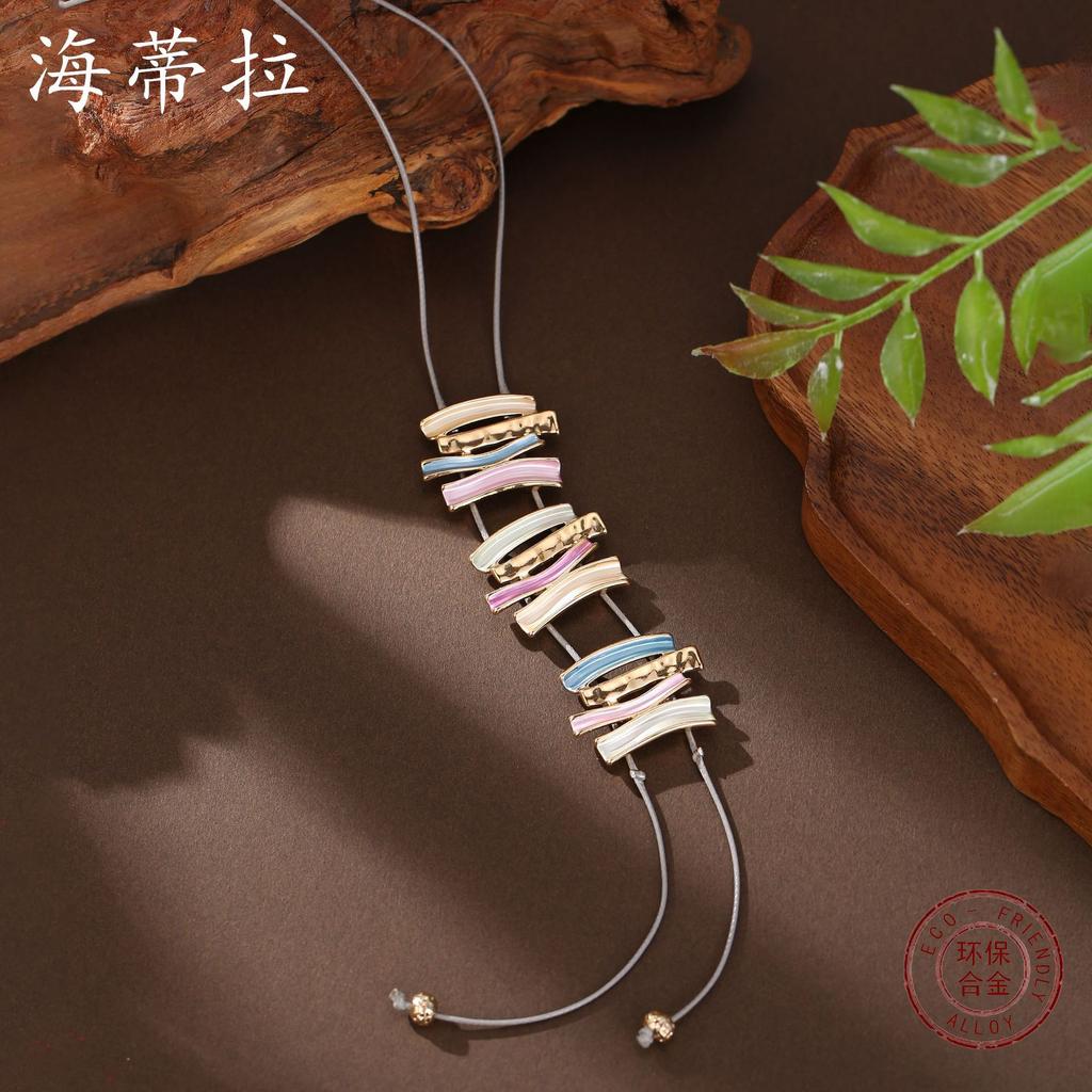 New Color Oil Geometric Lines Tassel Long Necklace, Women's Retro High-end Leather Rope Long Pendant