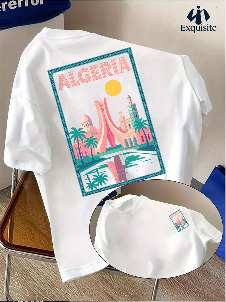 Neformální dovolenkové oblečení! Pánské módní tričko, tričko s kulatým výstřihem s potiskem "ALŽÍRSKO" - prodyšné a odvádějící vlhkost, regular