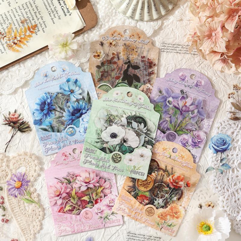 40Pcs PET Waterproof Flower Stickers Elegant Floral Pattern Decor For Scrapbooking Journal Diary Layout