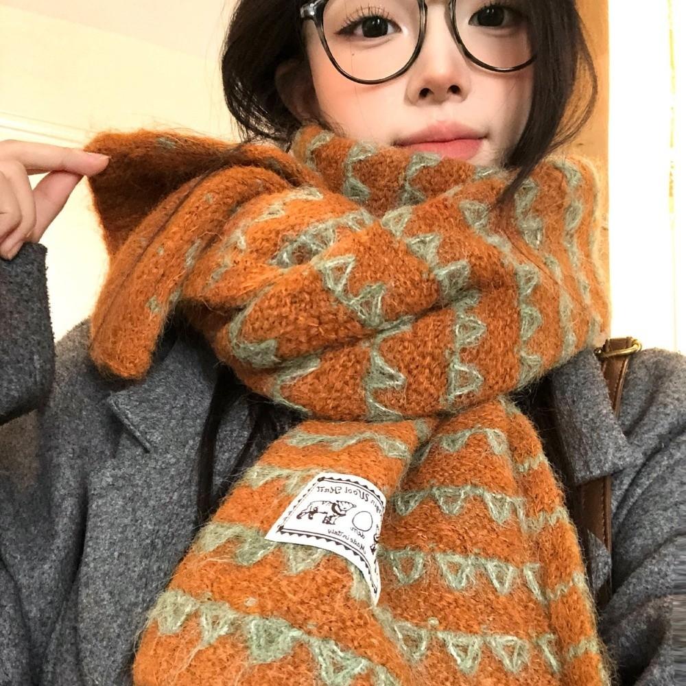 Korean Style Pumpkin Color Knitted Scarf 170cm x 25cm Fall Winter Neck Warmer For Women