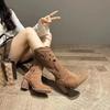 Stivali Western da Donna a Mezza Gamba con Tacco Ricamo Intagliati Stivali da Cowboy per Donna Moda Autunno Inverno Pelle PU Botas Mujer