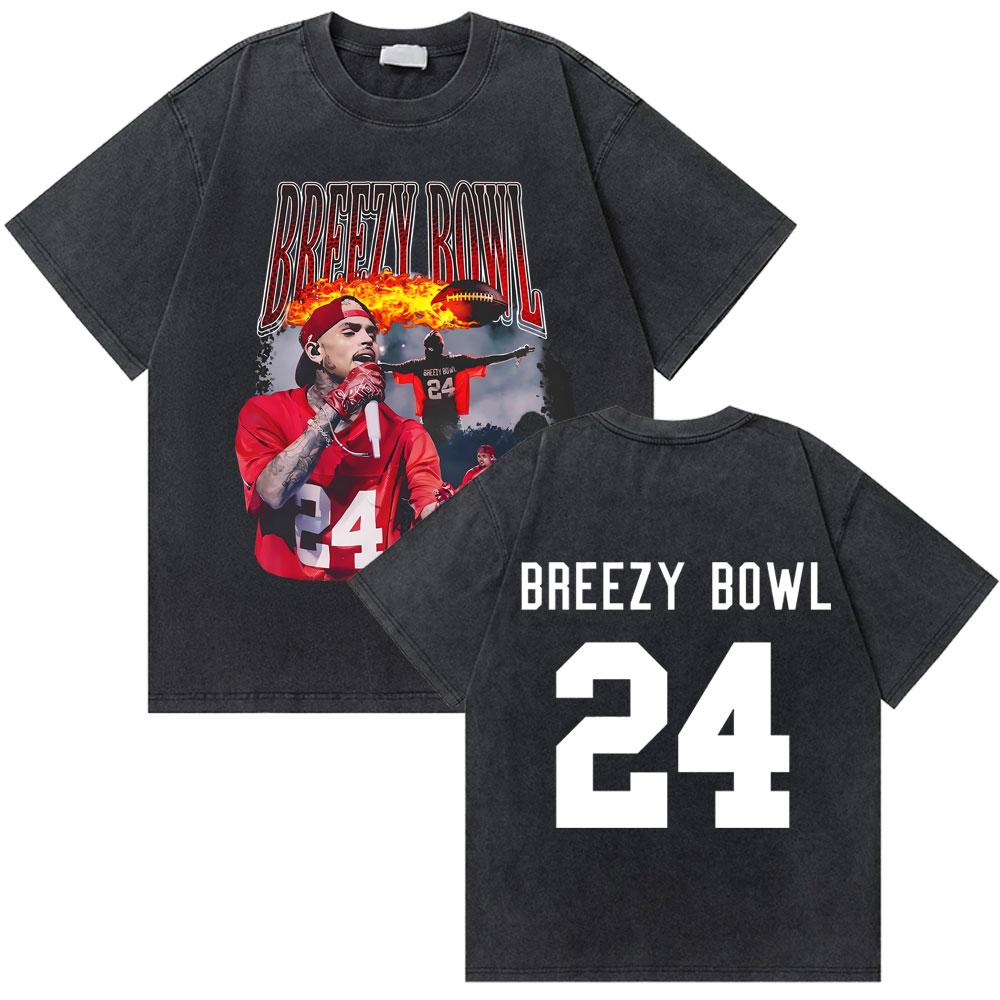 Washed Rapper Chris Brown Breezy Bowl XX World Tour Tshirts Men Women Hip Hop Retro Tshirt Mens Fashion Trend Streetwear