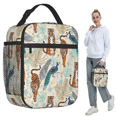 Geantă Termică pentru Prânz cu Tigru de Junglă și Flori Tropicale pentru Copii, Geantă Frigorifică Școlară, Cutie Termică pentru Mâncare, Geantă Tote, Recipiente Portabile pentru Prânz
