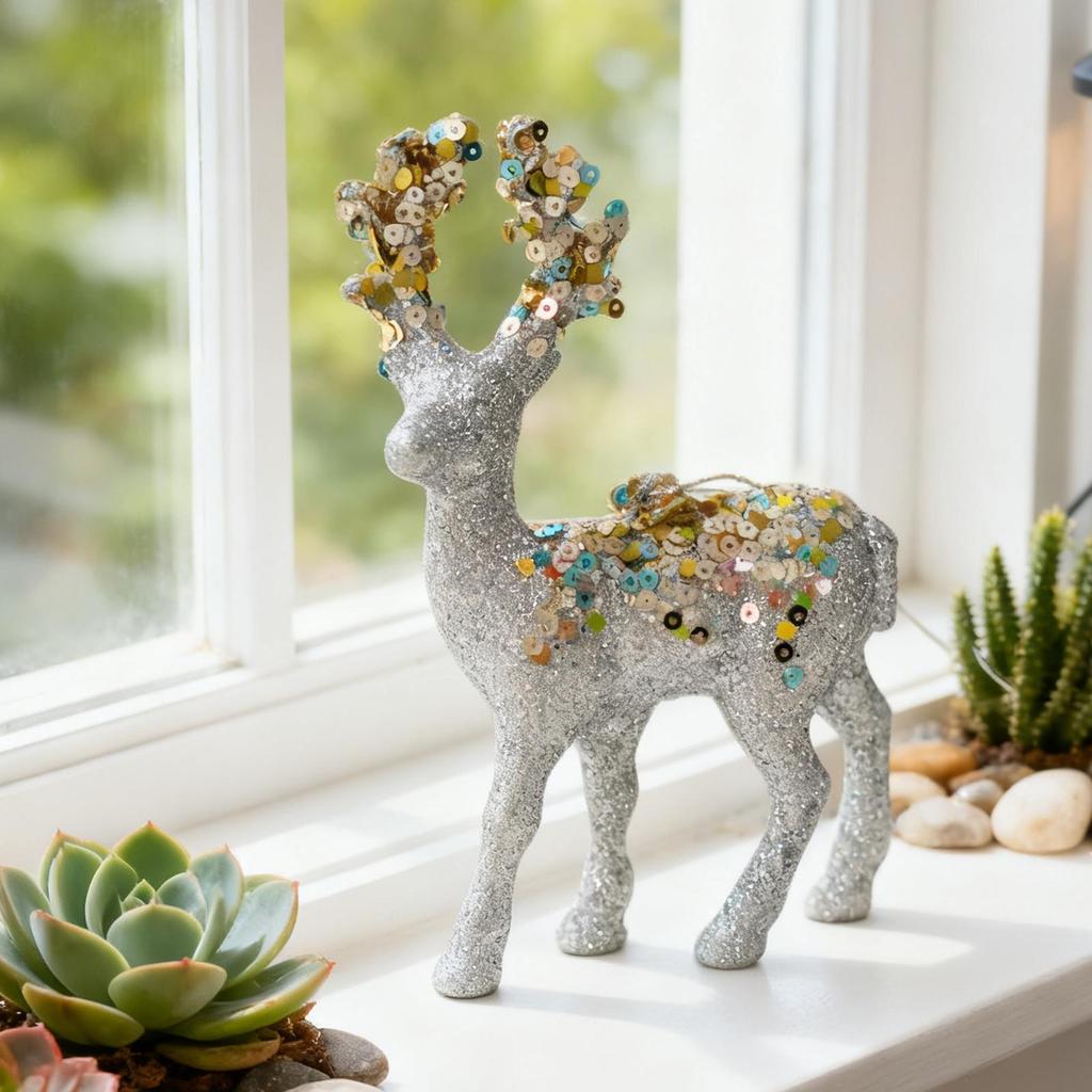 Weihnachtsrentierfiguren Innen-Weihnachts-Glitzerbeflockte Skulptur Festliche Statue Ornament für Sammler Fotografie Zuhause