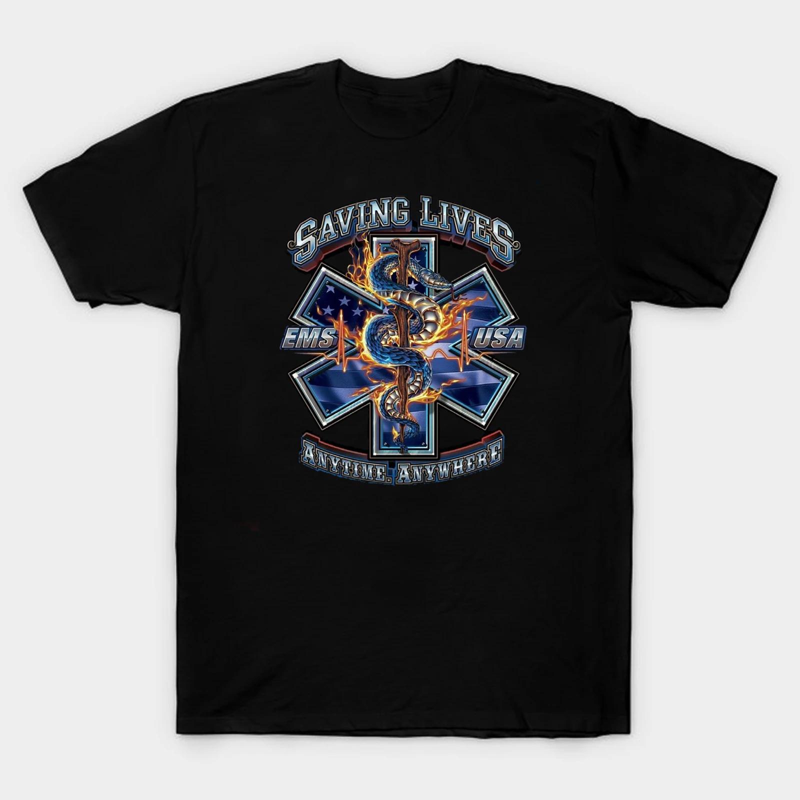 

EMS Saving Lives Anytime Anywhere. Rod of Asclepius and Star of Life T Shirt. New 100% Cotton Short Sleeve O-Neck Casual T-sh... 5XL різнокольоровий
