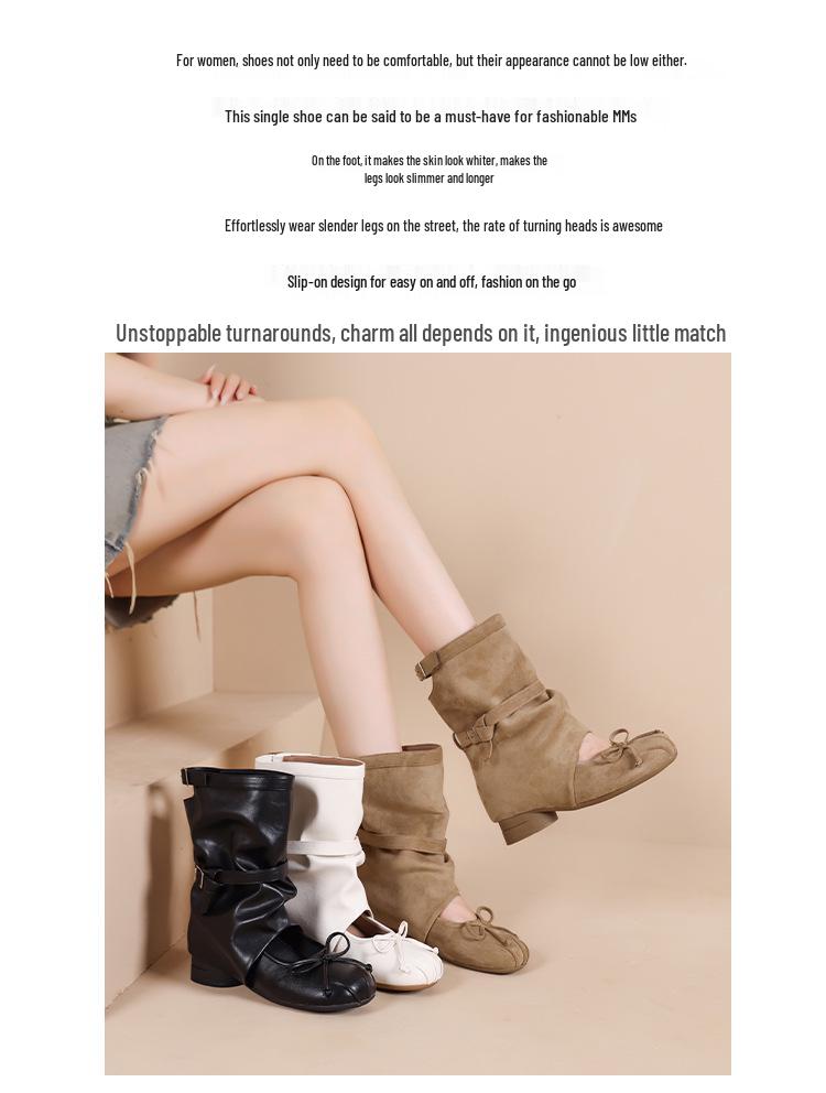 Ballet Style Women's Ruched Short Boots with Thick Sole - New for Summer 2026, Height Increasing 8CM Trendy Western Sandals.