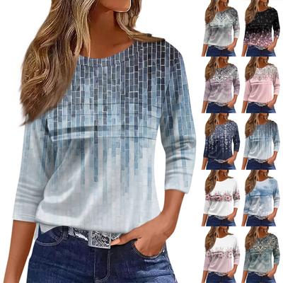 Women's Fashion Casual Loose 3/4 Sleeve Striped Printed Round Neck Top