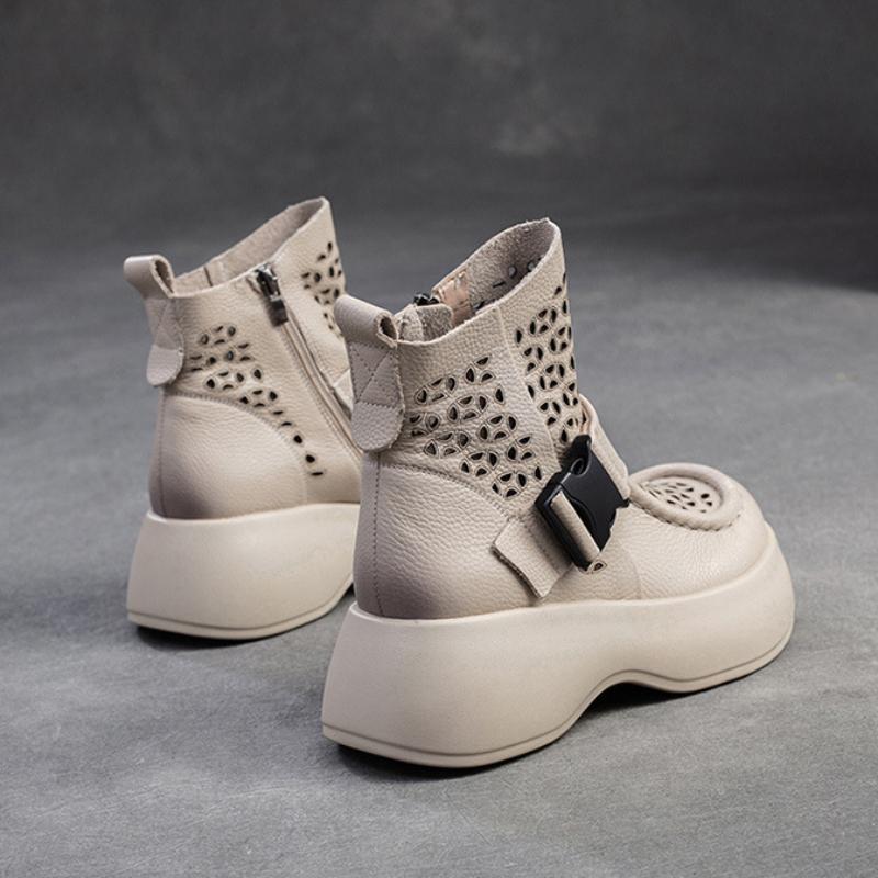 Johnature Breathable Hollow-out Boots Genuine Leather Lightweight Platform Sandals Thick Sole Women's Shoes