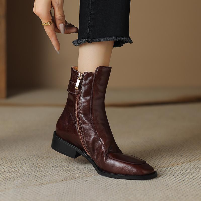 Fashion 2025 New Autumn Women Boots Square Toe Low Heel Women Shoes Genuine Leather Retro Brown Ankle Boots Block Retro Leather Boots