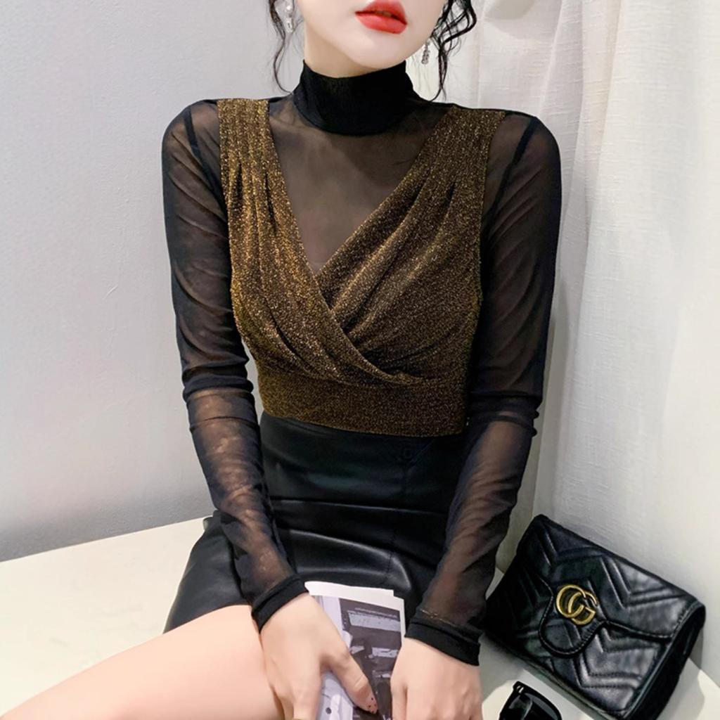 Two-piece Tops for Women In Winter Fashionable T-shirt with Slim Half Turtleneck Mesh Base Shirt