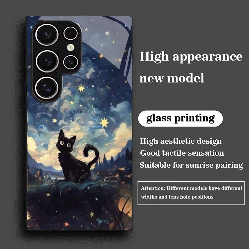 Starry Sky Black Cat Tempered Glass Phone Case Suitable for Samsung Galaxy S26 S25 S24 S22 S21 S20 FE/Ultra/Plus Anti Drop