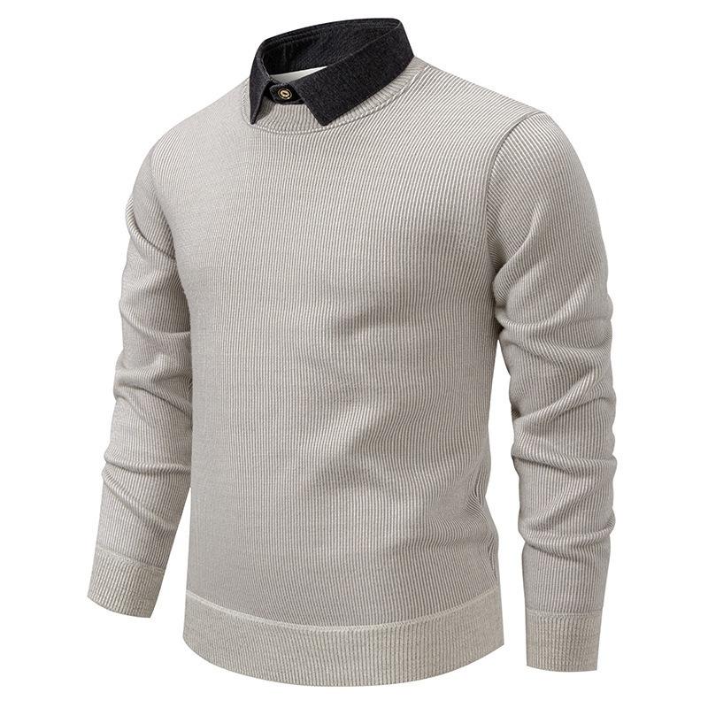 

Men Light Gray Ribbed Crew Neck Fake Two Piece Long Sleeve Sweater M серый