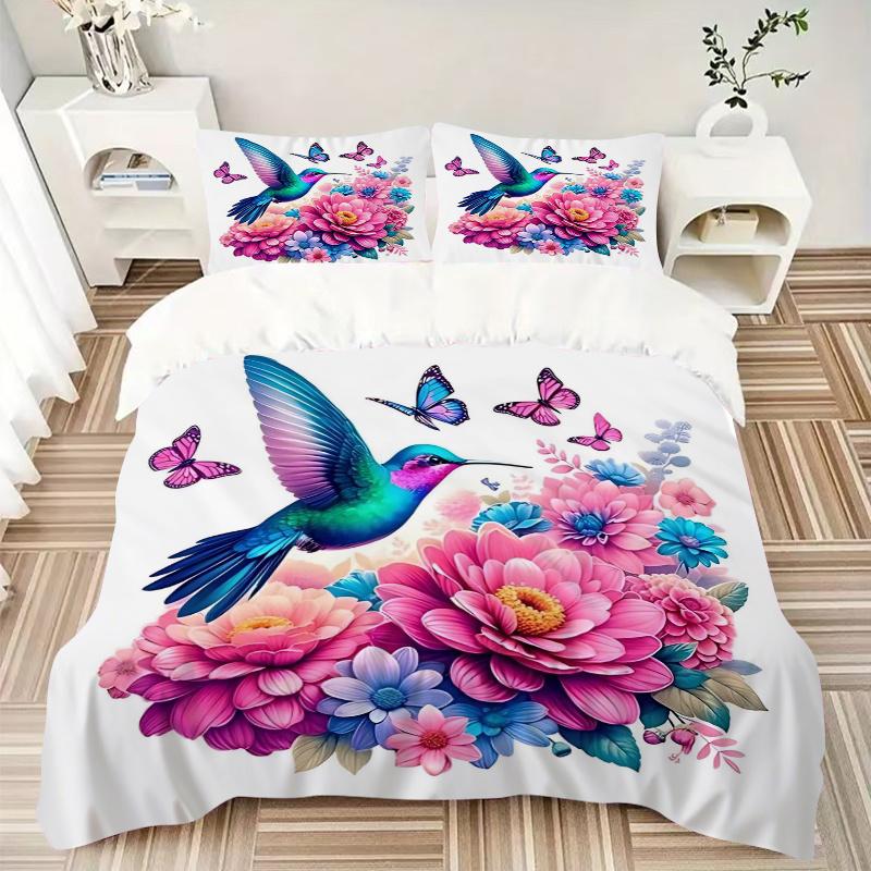 3pcs Hummingbird with Vibrant Blue Wings Quilt Cover Set (1 Quilt Cover + 2 Pillowcases Without Pillow Core), High-Definition Printing for Home a