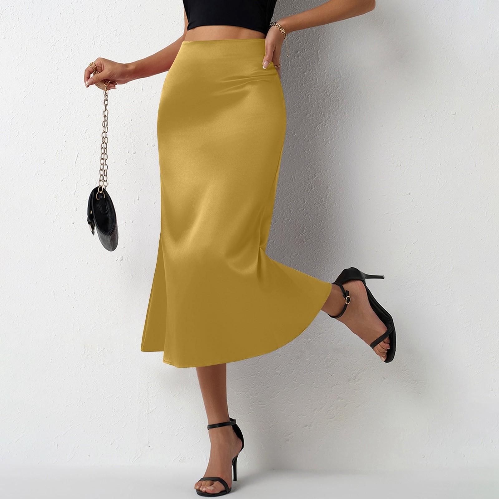 

Жіноча модна та повсякденна французька елегантна драпірована атласна спідниця XL жовтий