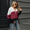 Women's Autumn and Winter New Loose Contrasting Color Spliced Zipper Hooded Long Sleeved Top for Women