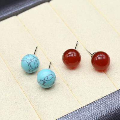 1 Paia Orecchini a forma di sfera creativa con pietre preziose naturali Orecchini a bottone in stile americano europeo Agata Blu Turchese Orecchino a bottone per gioielli da donna 8 mm