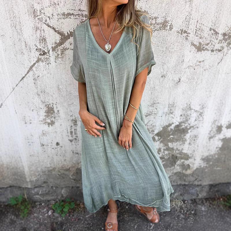 2026 new Amazon independent station European and American cross-border fashion cotton and linen V-neck semi-formal dress