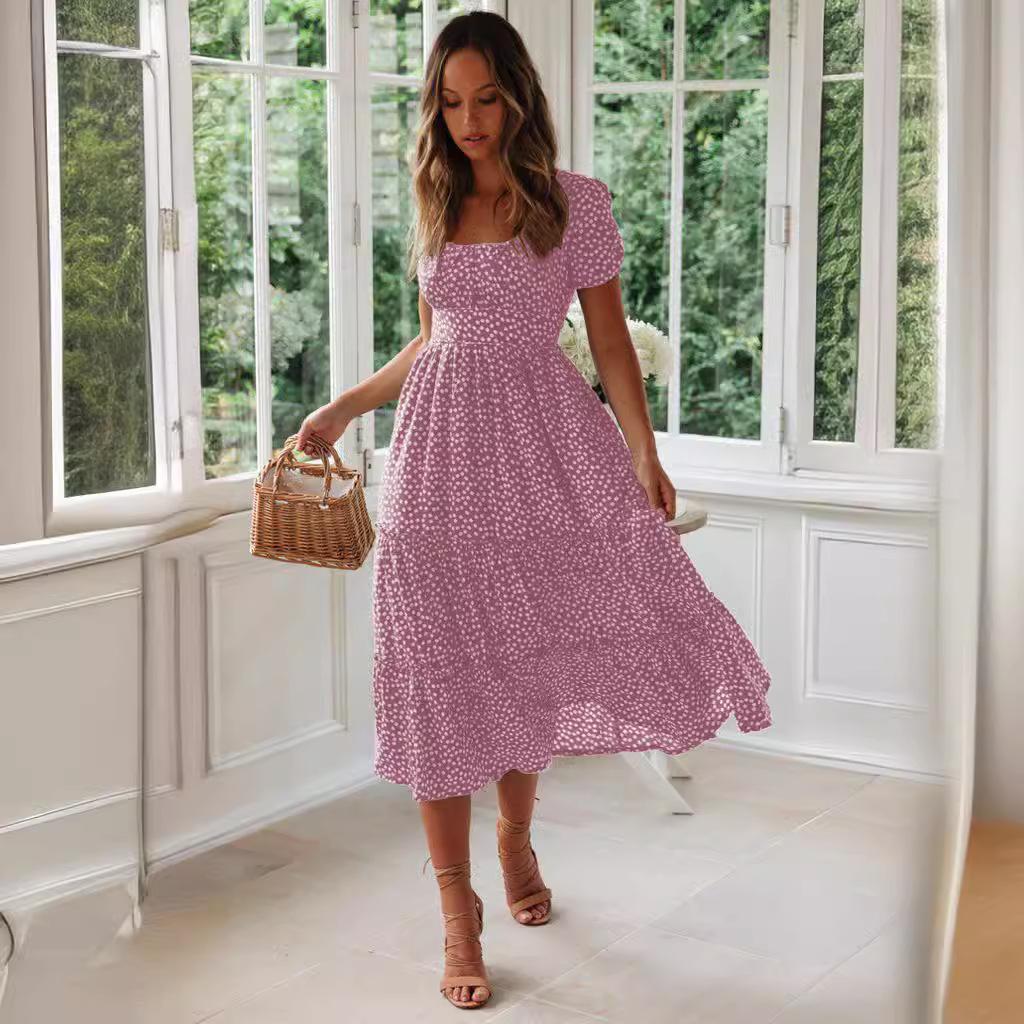 GMXIA Square Collar Bubble Sleeve Floral Print Dress Long Skirt