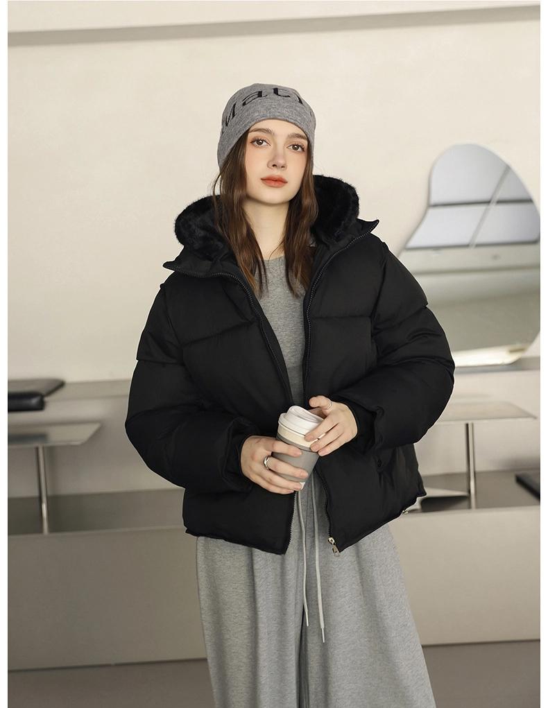 Short Cotton-padded Jacket With Imitation Mink Fur Hood