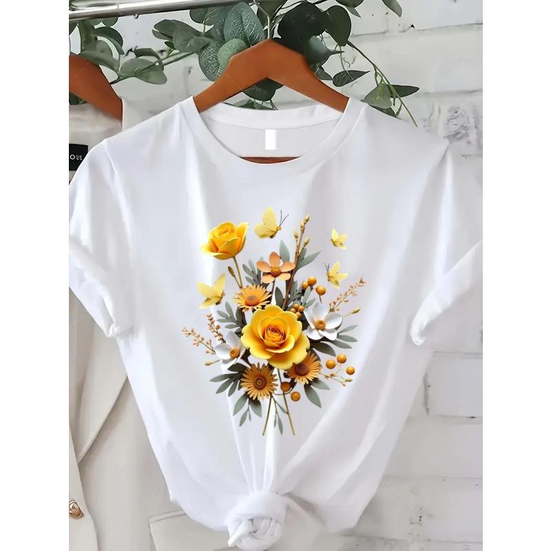 

European sizes Women s Yellow Rose & Butterfly print T-Shirt - Short Sleeve Round Neck Casual Blouse, Spring Summer Fall Top 4XL