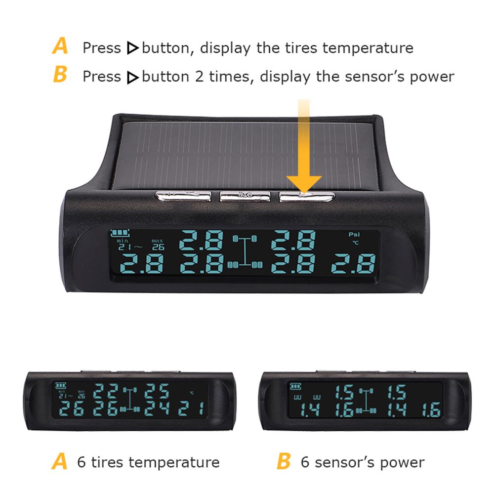 Solar Power TMPS LCD Display LCD Security Alarm Tire Pressure Monitoring For Truck Bus Car Tyre Temperature Alarm System With 6 External Sensors