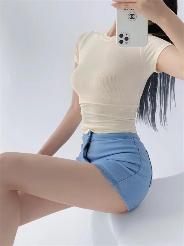 Pure Desire Women's Spicy Girl Round Neck Ribbed Summer T-Shirt