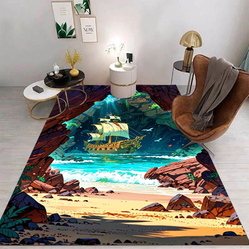 

3D Cave Landscape, Sea View Floor Mat Mysterious Ancient Boat Carpet Living Room Bedroom Kitchen Bathroom Anti Slip Carpet 40x60cm