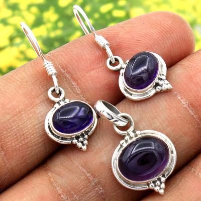 Amethyst Garnet Handmade Pendant Earring Set 100% 925 Sterling Silver Women Jewelry