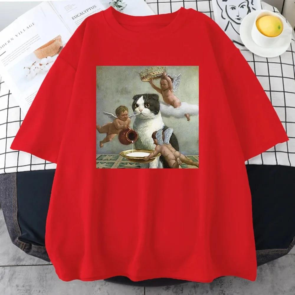 Scottish Fold Angel Crown Print Cotton Men Clothing Personality Casual Crewneck T-Shirts All-math Loose Mans Cotton Short Sleeve