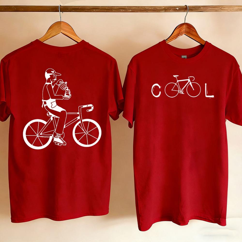 Couple Front Back Printed T Shirt Minimalist Cool Bicycle Word Front Unisex Riding Bike Holding Drink Line Art Casual Cycling Tees