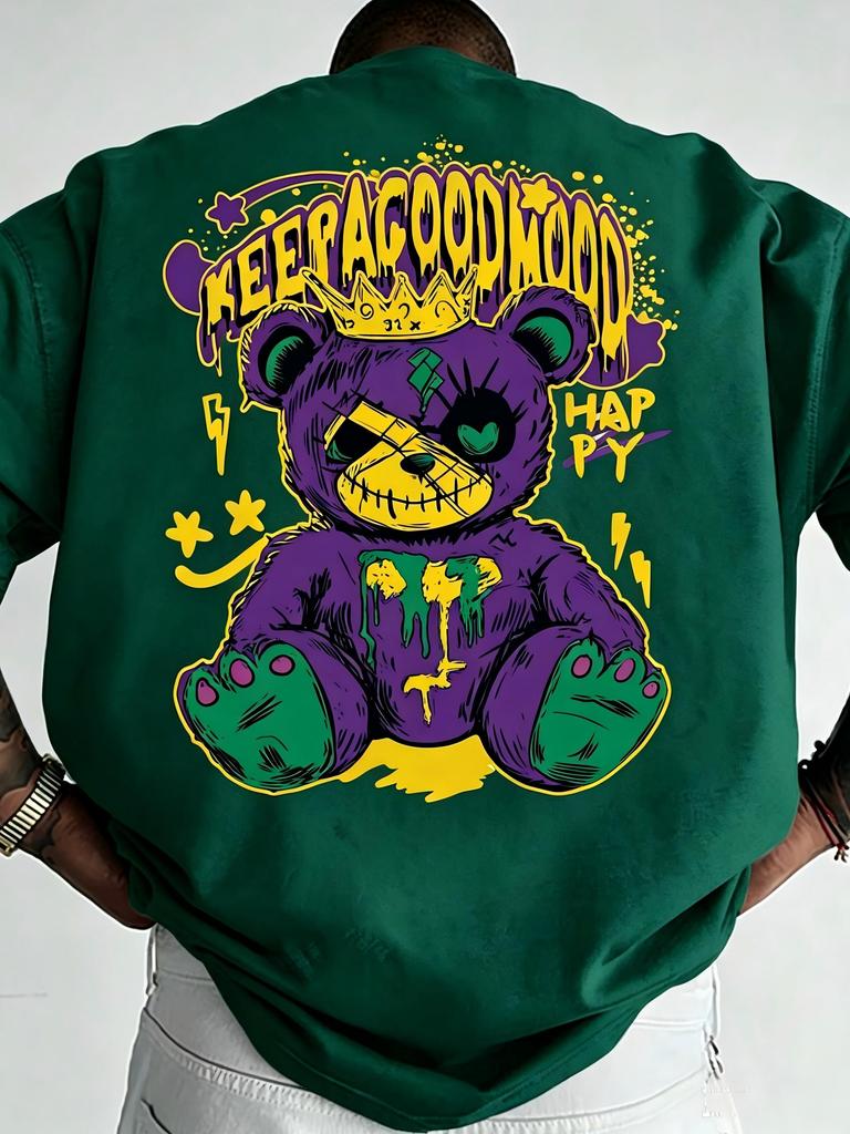 Fashionable summer Unisexs new horror bear letter print micro elastic breathable round neck Tshirt outdoor urban casual top