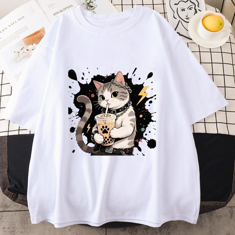 T-shirt Mens Women Summer Drag Cool Kitten Print T-shirt American Student Short-sleeved Top Loose T-shirts