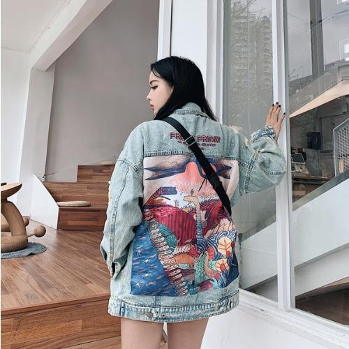 2019 autumn new Hong Kong flavor bf Harajuku strange flavor cartoon hole loose wash old denim jacket cross-border trendy brand L синий