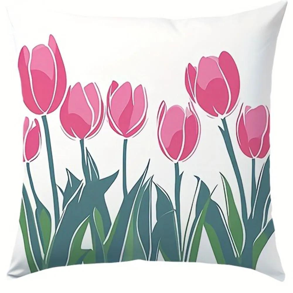 

Красочный узор из тюльпанов Наволочка для домашнего декора Подушка для гостиной Дивана Полиэстеровая наволочка на подушку с молнией 66x66cm красный
