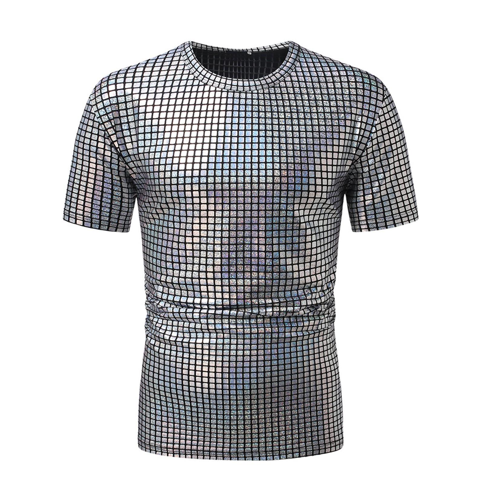 Men s Summer Plaid Tops Printed Shiny Men s Tops Casual T-shirts Men XXL серебряный
