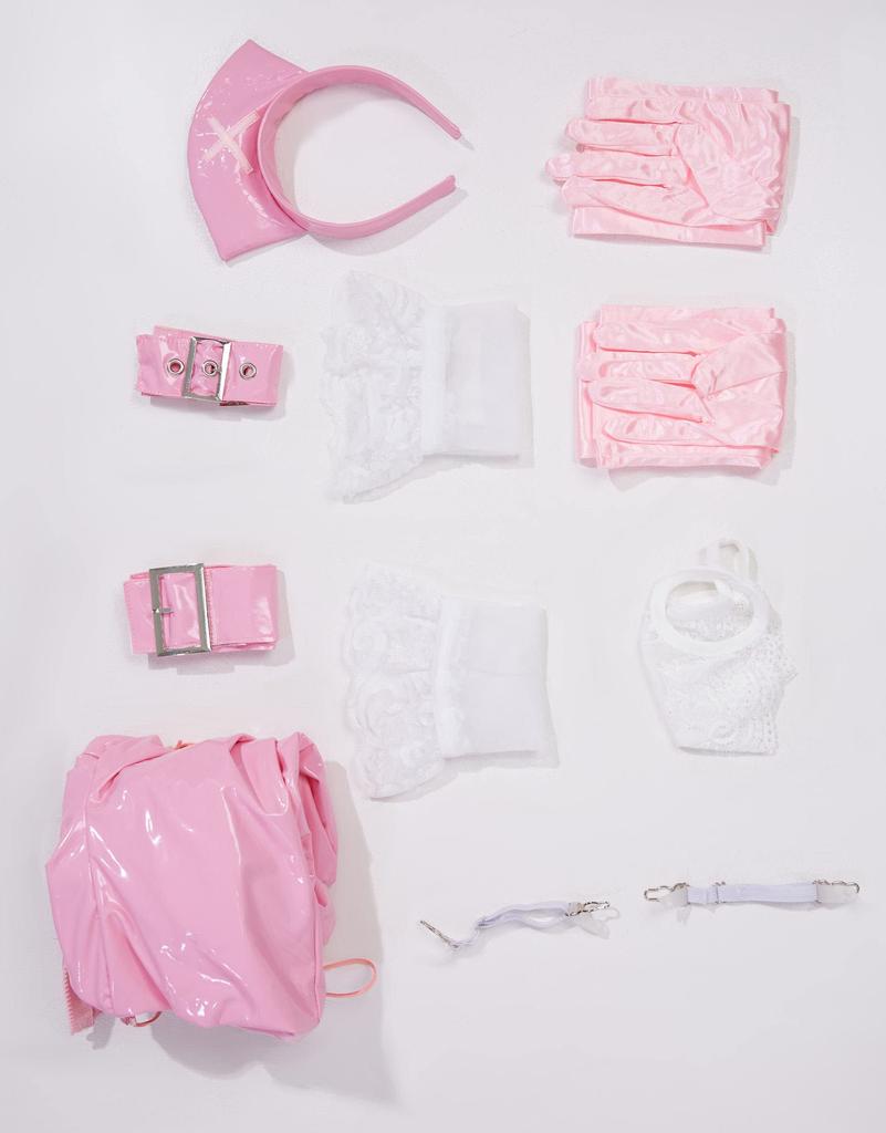 Miccostumes Women's Nurse Costume, Leather Dress with Open Neckline, Sexy Full Set (Size L, Pink)