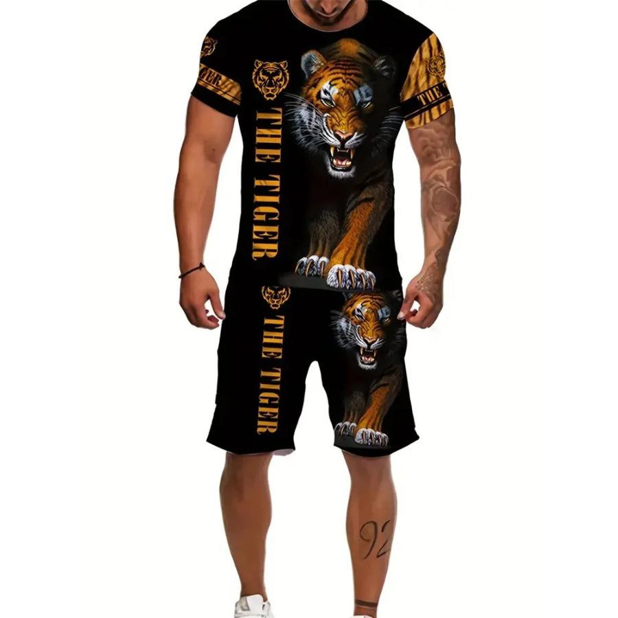 

2024 Новый летний модный костюм с принтом животных, черно-белый тигровый 3D-узор, спортивная одежда для уличной стрельбы, мужская повседневная одежда 6XL