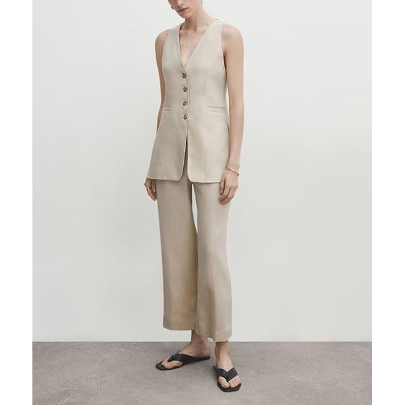 Spring New Arrival Workplace Work Clothing Office Lady Style Outwear Side Slit Plaid Pure Linen Suit Vest 6036575