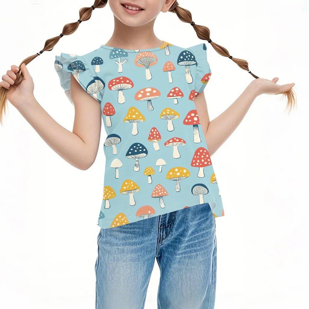 Children's Casual Short-Sleeved Pleated Cute Printed Round-Neck Solid-Color Top