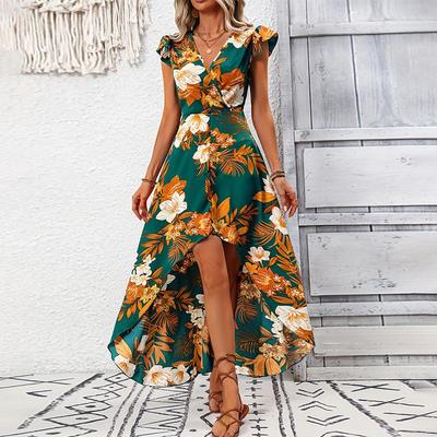 2025 Summer Vacation Floral Slit Dress: European & American Style Mid-Length Women's Clothing