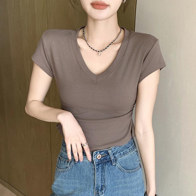 Letní tričko Slim Fit s ramenem a výstřihem do V s krátkým rukávem pro ženy Všestranný pas Stahující zeštíhlení Špičkový styl s výstřihem